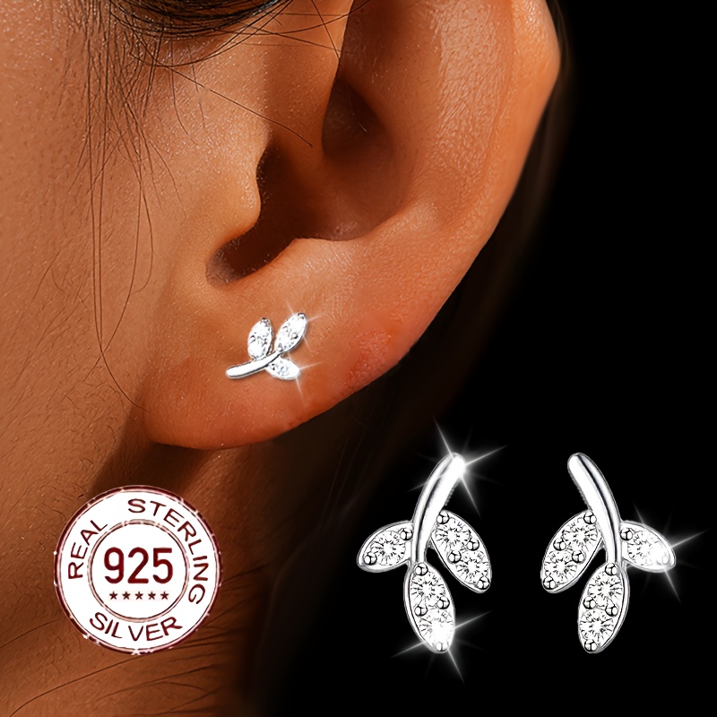 

1 Pair S925 , Leaf Design With Cubic Zirconia, Elegant & Minimalist Fashion, For & Gift, 14k Golden Plated, 925 Silver Ear , Accessory