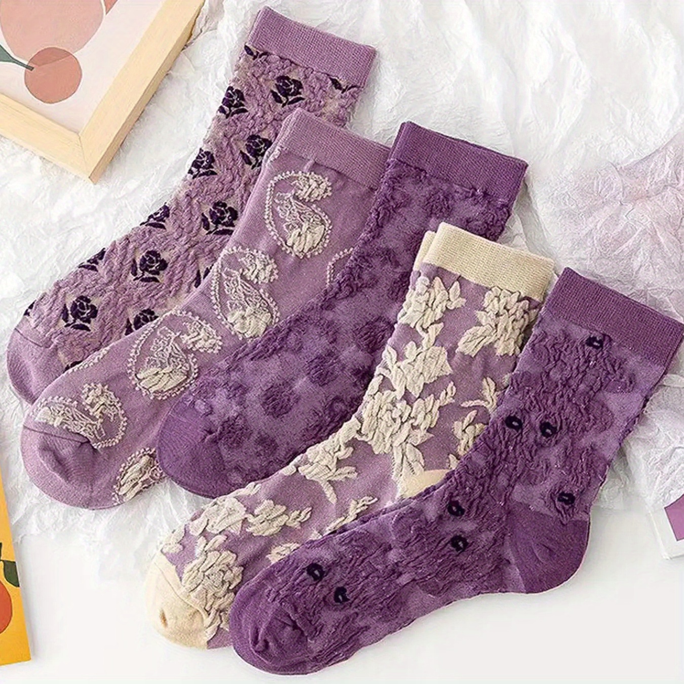 Image of 5 Pairs Of Women's Japanese Retro Purple Floral 3d Embossed Trendy Versatile Patterned Mid-calf Socks