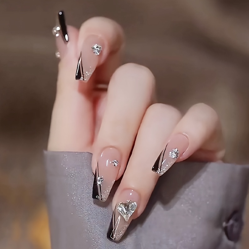 A Set Of 24pcs Elegant Long Ballet Style French Heart Sparkling Diamonds Black Suitable For Parties Suitable For Evening Parties Nail Art Styling With Nail File, Jelly Glue