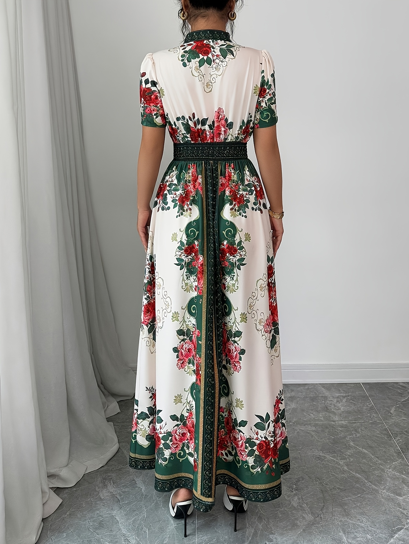 womens floral print elegant a line dress with stand up collar puff short sleeves machine washable summer long dress with side   regular fit for casual formal occasions cute dresses Product details 1