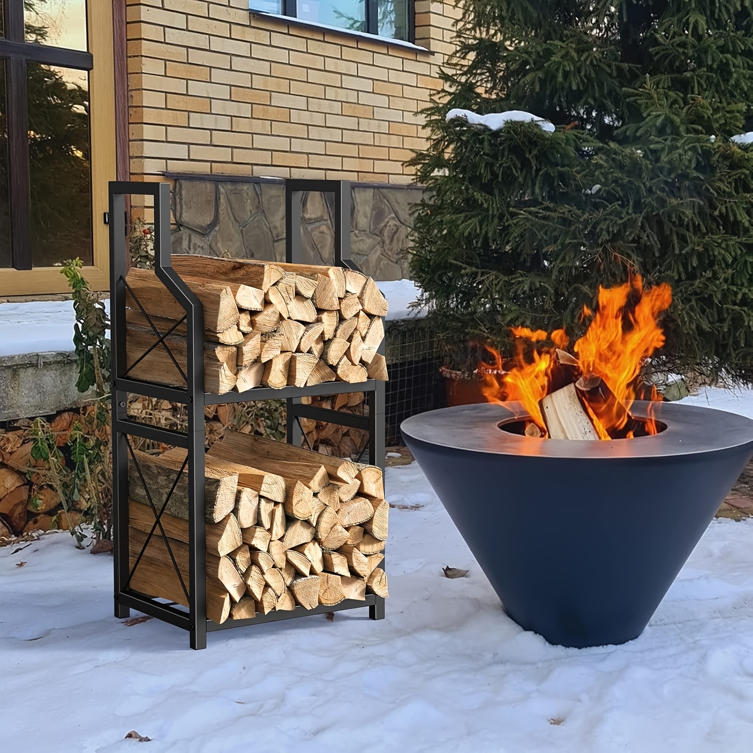 

Metal Firewood Rack With Holder - Indoor Fireplaces & Outdoor Patio Fire Pits, Includes 4 Hooks, Fireplace Tools, Log Storage Stand