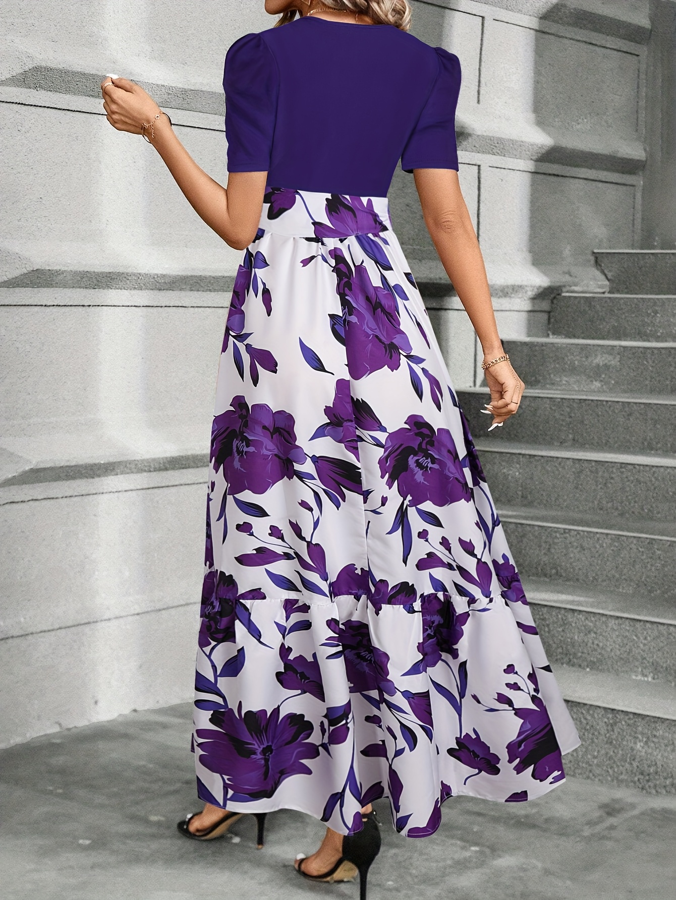 Elegant Purple Floral Print Maxi Dress with Tie Waist Machine Washable,  Round Neck, Short Sleeve A-Line Skirt for Women Spring/Summer/Fall Fashion