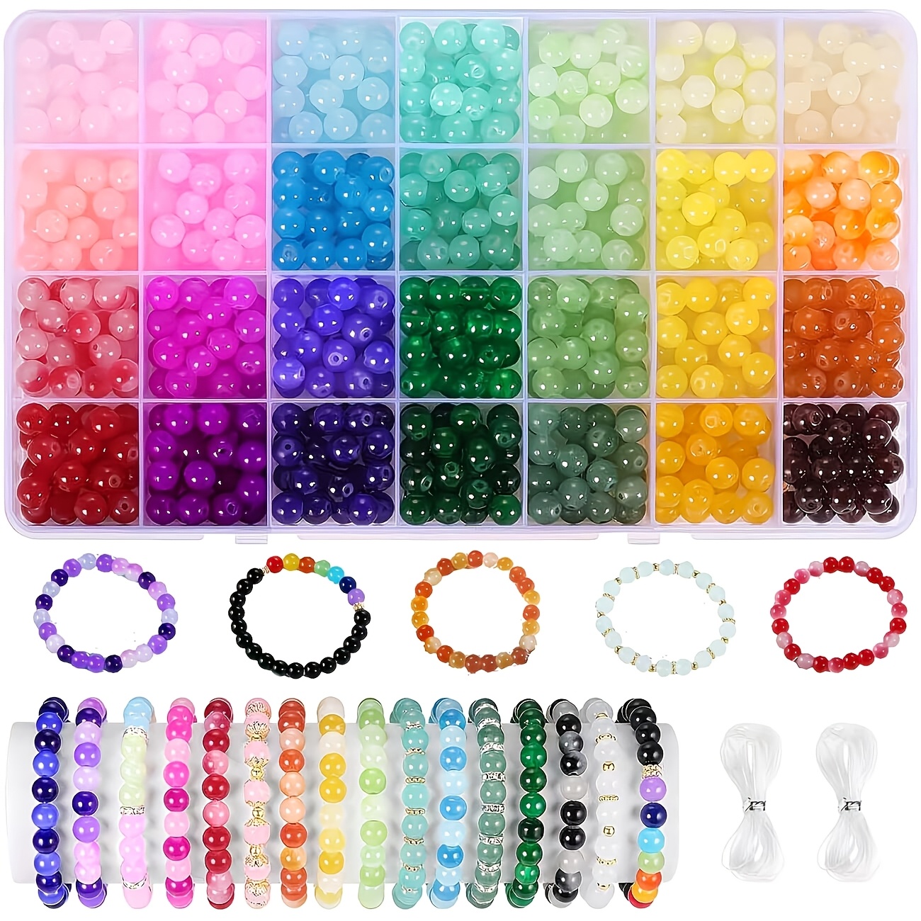 TEMU Kit de perles en verre double couleur 28 compartiments 8 mm pour la fabrication de bijoux, perles rondes
