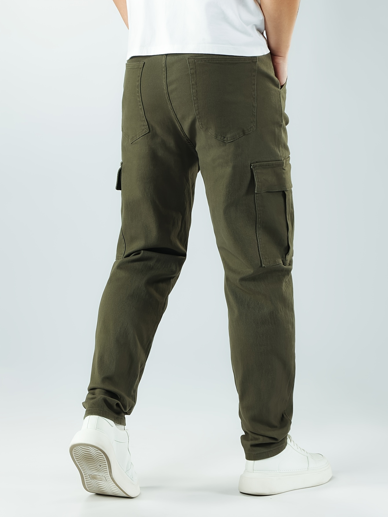 Men's Slim Fit Olive Green Cargo Pants with Multiple Pockets - Stretch Blend, Machine Washable, All-Season Wear, PLUS SIZE