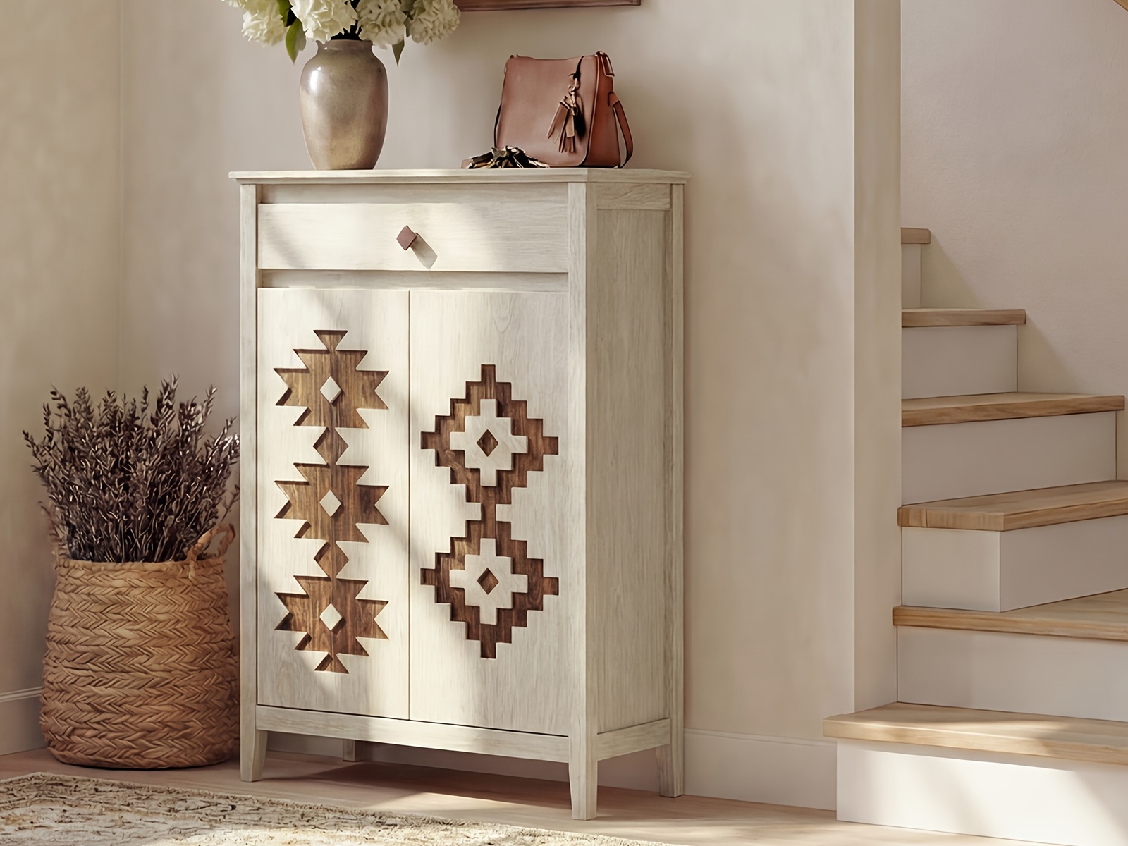 A Five-Level Shoe Storage Unit Featuring Drawers, Crafted from Wood with Adjustable Shelves, a Standalone Walnut Shoe Organizer, Perfect for Entryways, Hallways, And Walk-In Closets