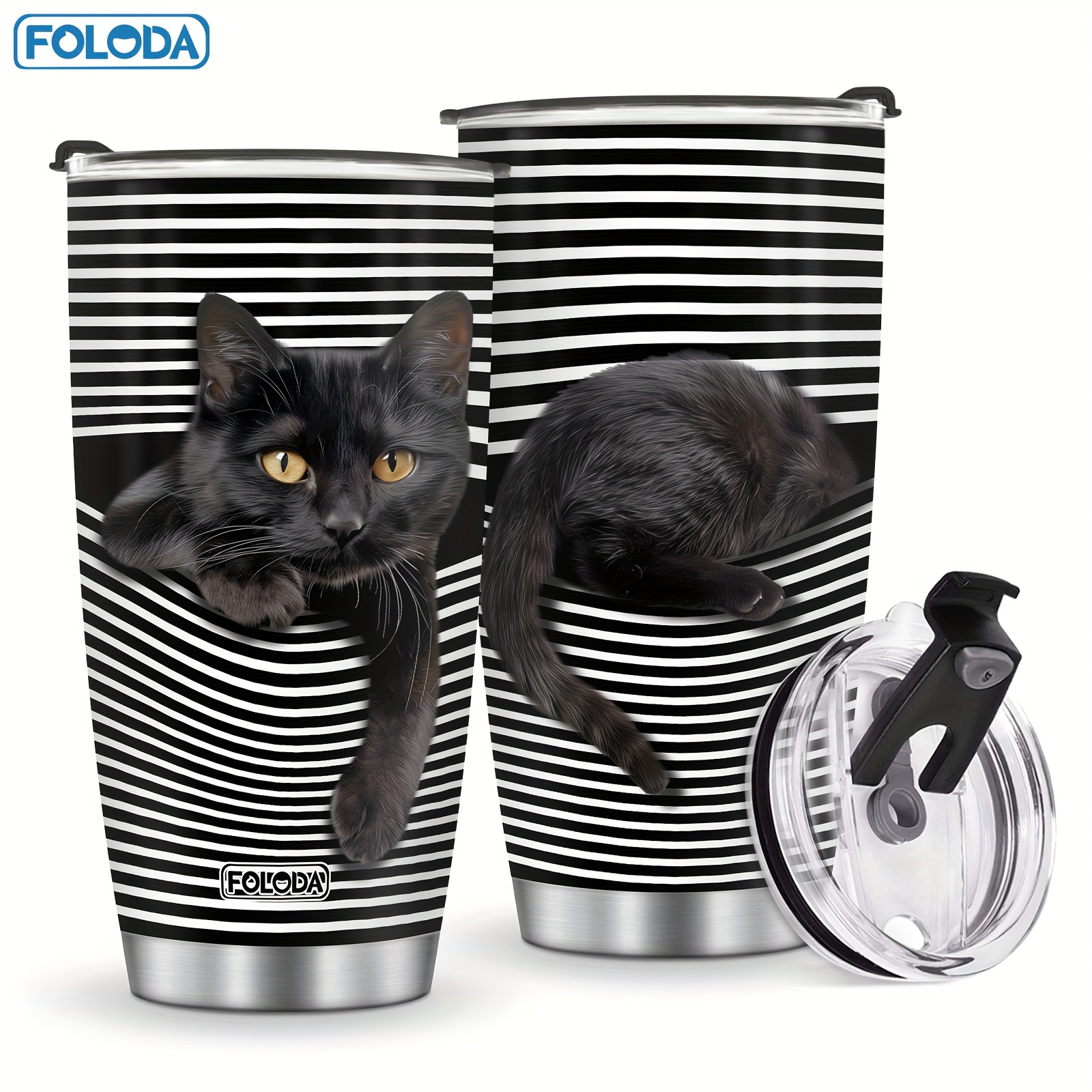 

Foloda 1pc, Black Cat Gift , Gift For Cat Lovers, Black Cat Stainless Steel With Lid, Fun Black Cat Coffee Cup, Animal Striped Cup, Gift, Cat For Graduation Christmas Birthday Day Gift 20oz