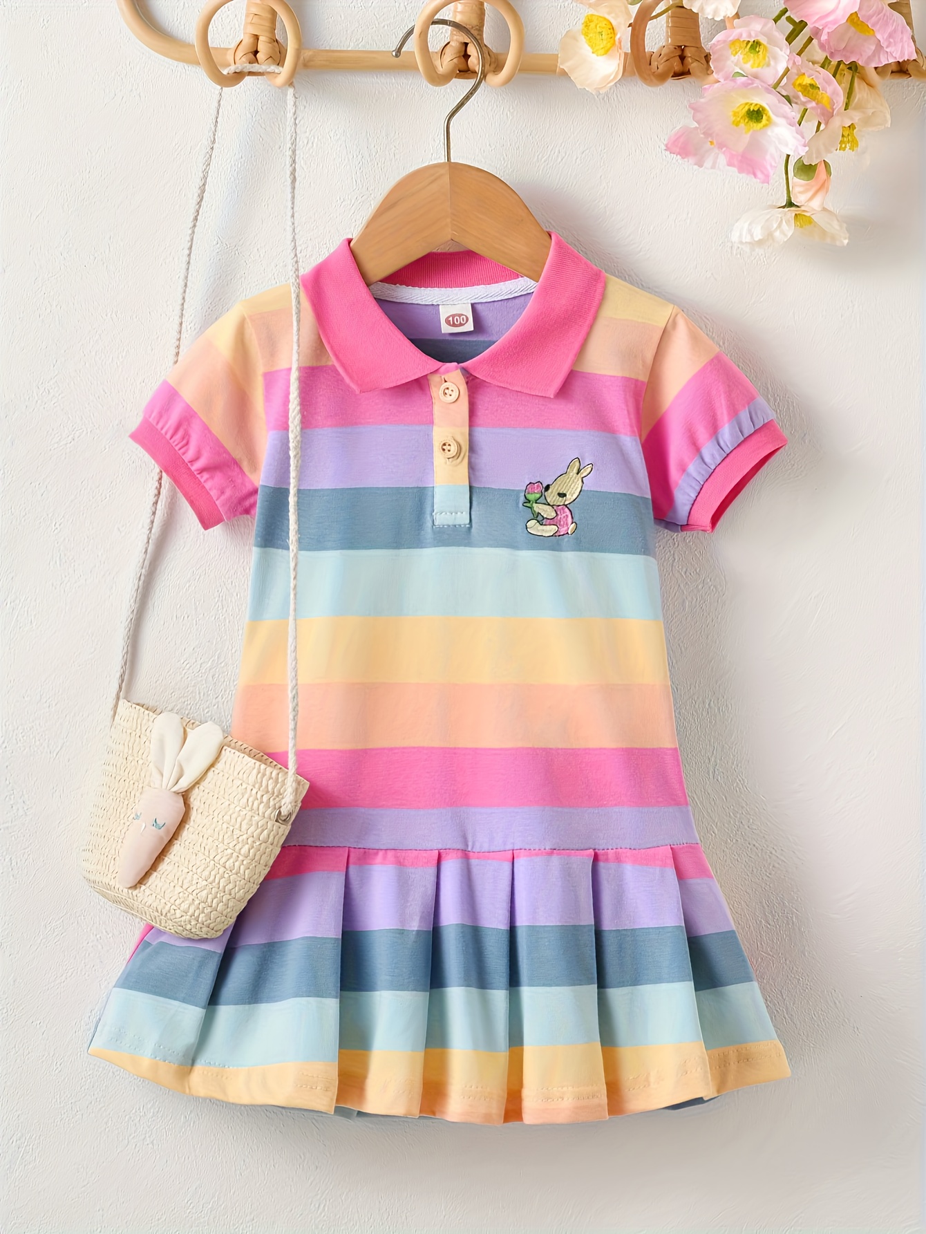 Girls' New Summer Striped Rabbit Embroidery Short Sleeve Dress