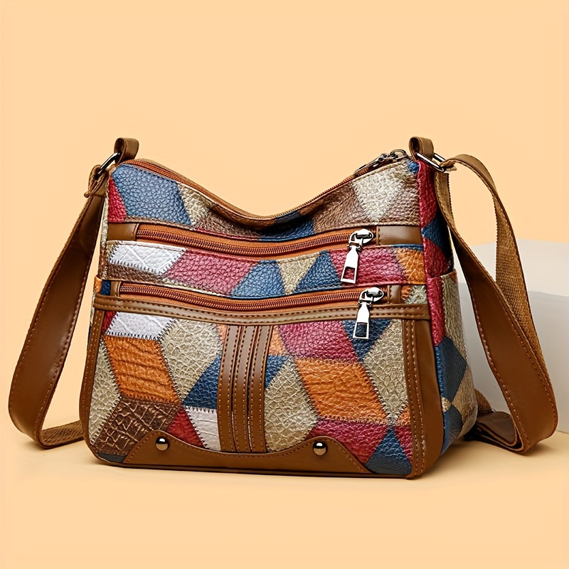 

Elegant Women's Fashion Shoulder Bag With Adjustable Strap, Large Capacity Pu Leather Crossbody With Geometric Patterns, Zip Closure - Perfect For Work & Travel