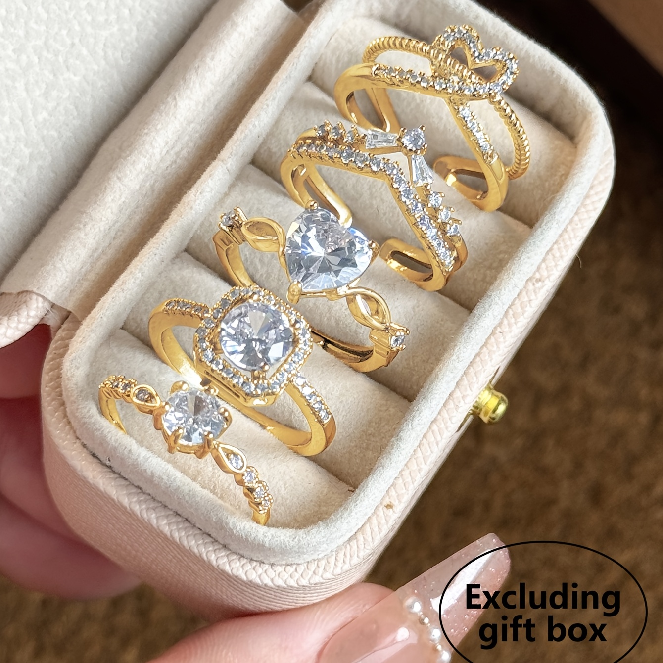 TEMU 5pcs Minimalist Elegant High-end Ring Set, Featuring Copper Inlaid Cubic Zirconia , Suitable For Daily Commute, Vacation Parties, Banquets And