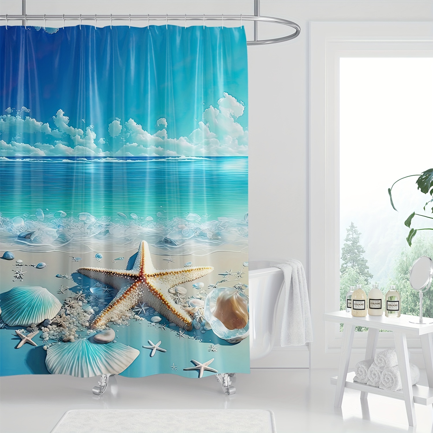 

1pc, Ocean Theme Shower Curtain, Starfish And Seashells , Beach Bathroom Decor, Machine Washable Waterproof Fabric