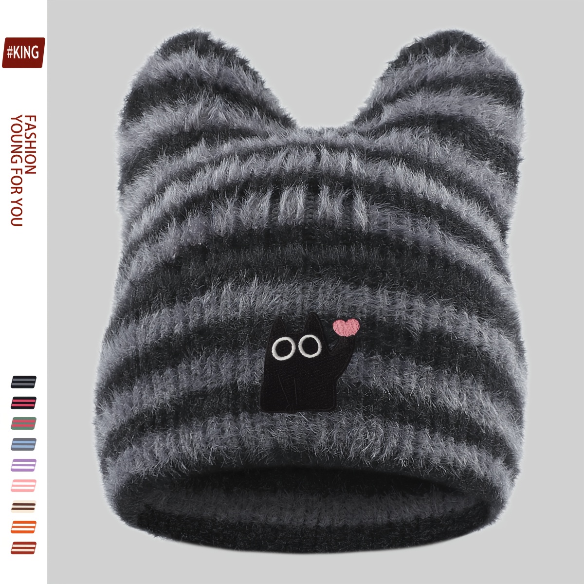 TEMU 1pc Heart- Big- Black Cat Thick Plush Cat Ear Hat, Urban Cartoon , Fluffy Brimless Hat For Men, Women, And Teens, Outdoor Trendy Skateboard Hat,