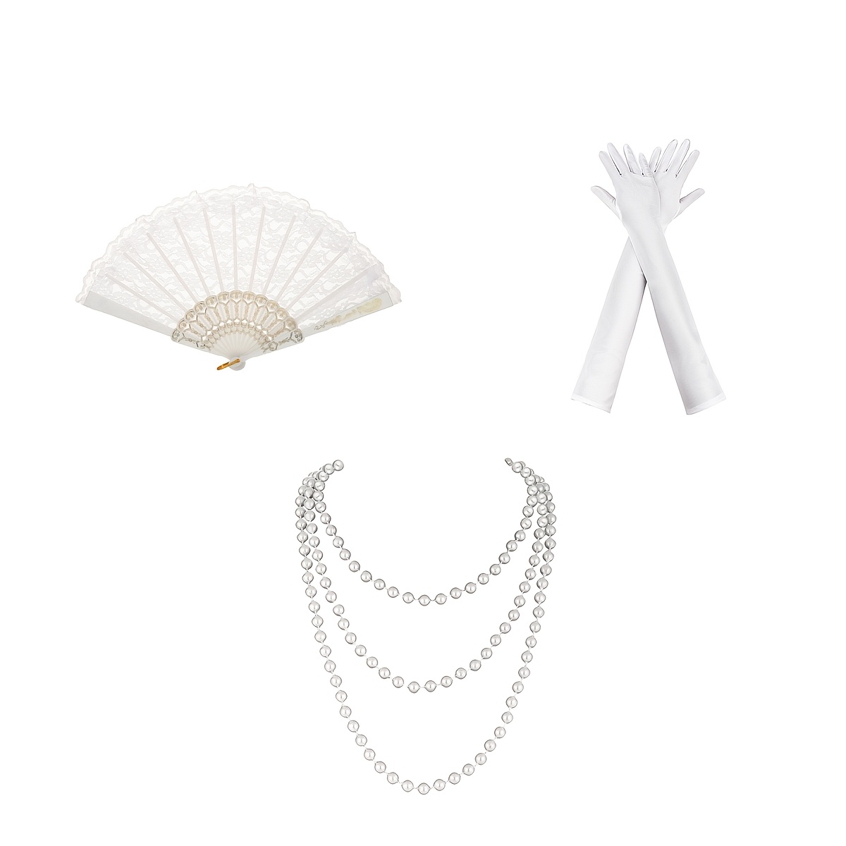 TEMU Ensemble d'accessoires pour femmes 3 pièces comprenant un éventail pliable, des gants longs et un collier en perle, style vintage. Créez