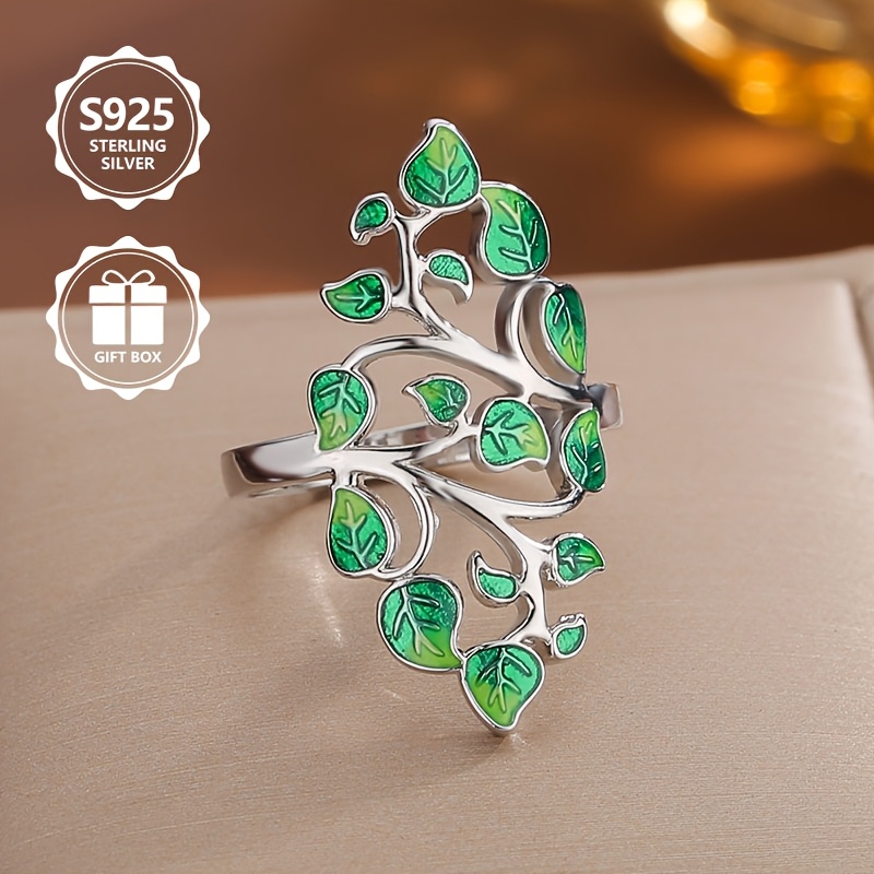 925 Silver Green Leave Branch Women's Ring High End Light Daily