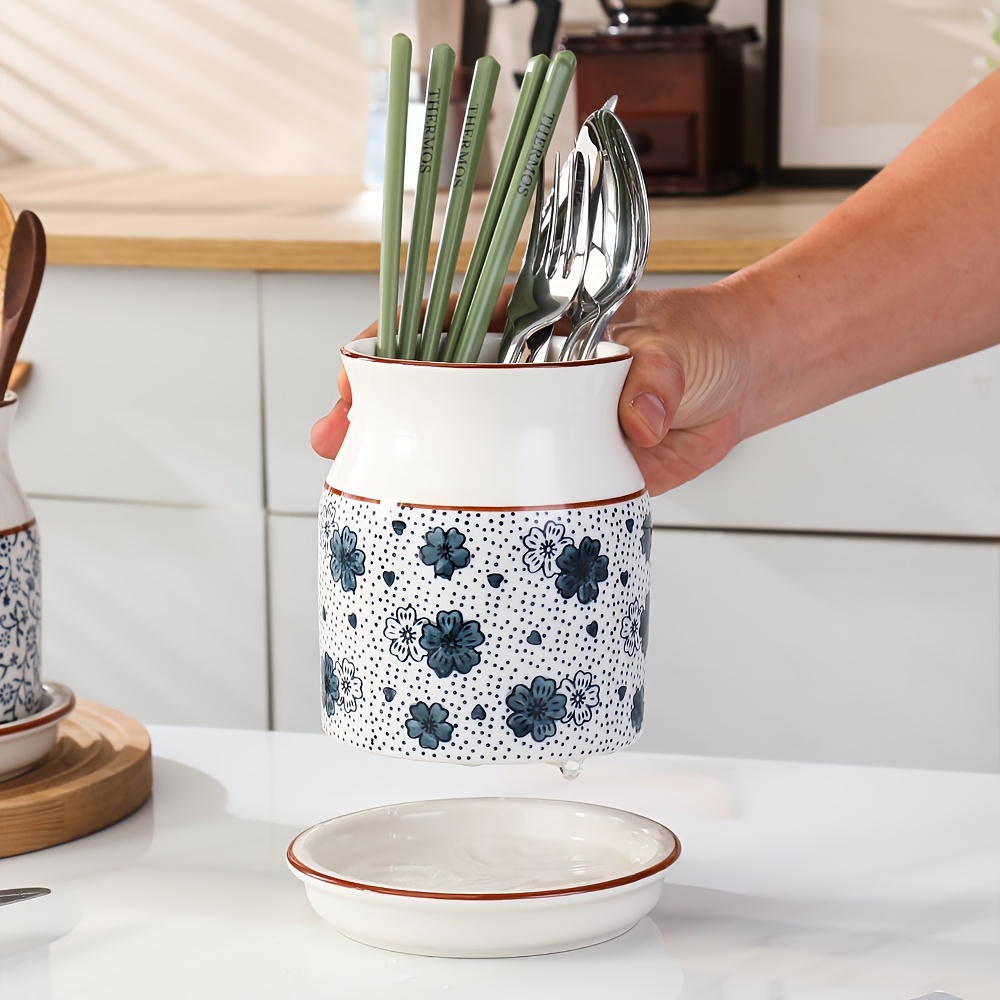 2pcs set ceramic large capacity kitchen utensil storage rack with ceramic base cherry   pattern kitchenware holder   desktop countertop storage and decoration Product details 8