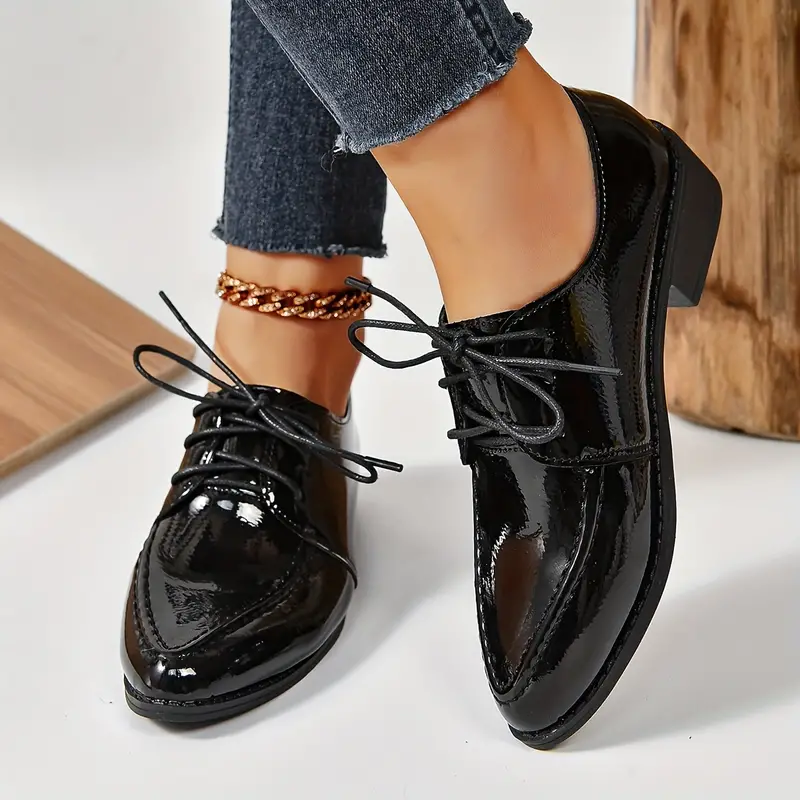 womens solid color chunky heel oxfords fashion lace up point toe dress shoes versatile and comfortable student uniform shoes details 0