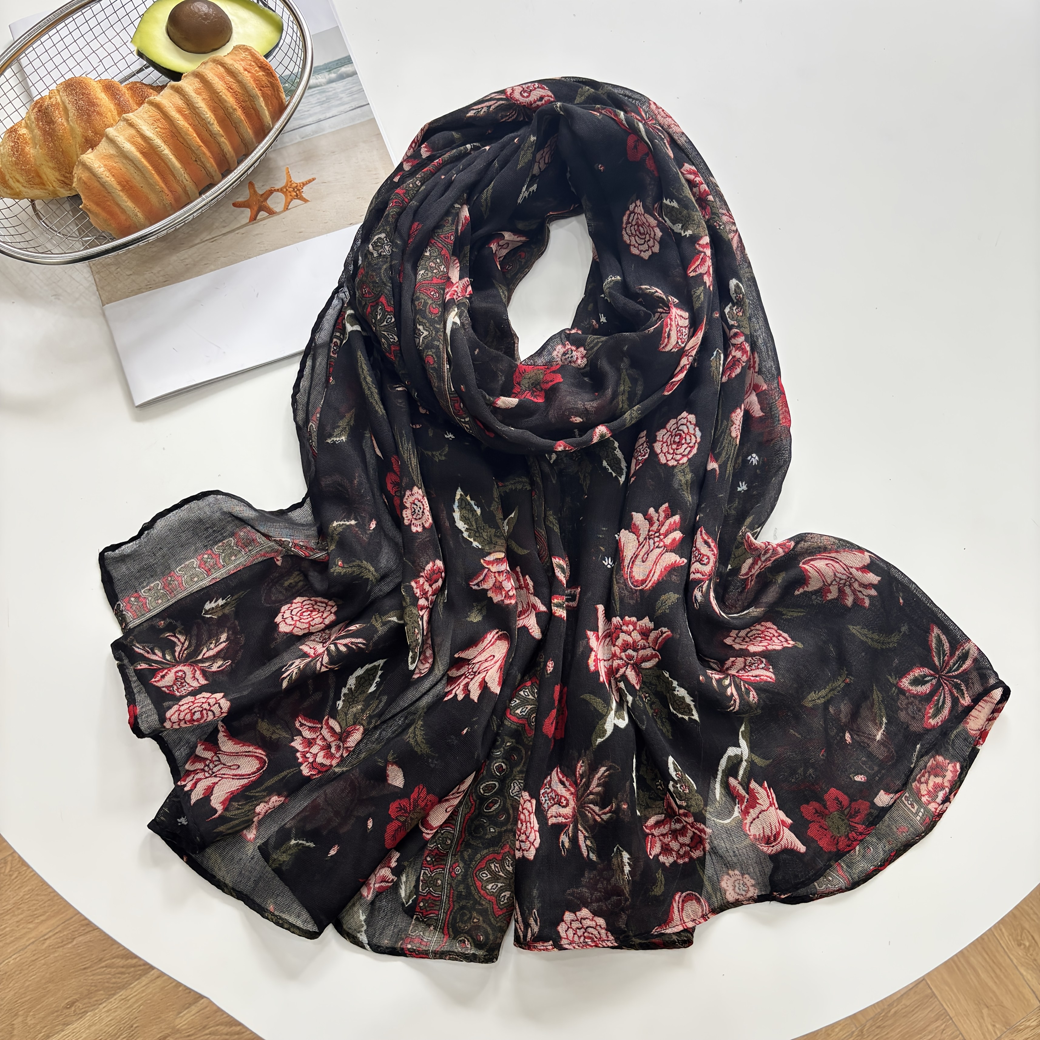 TEMU Women's Vintage Floral Long Shawl Scarf, Soft And Skin-friendly Fabric, Flowing And Breathable, Wearable . Elegant And Rich Floral Pattern,