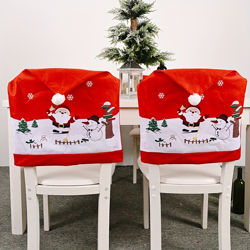 

4pcs Red Non-woven Christmas Chair Set, Christmas Table Decoration, Family , Hotel Table And Chair Decoration, Christmas Hat, Cartoon Elderly Snowman Chair Set, Christmas Gift, Best For Christmas