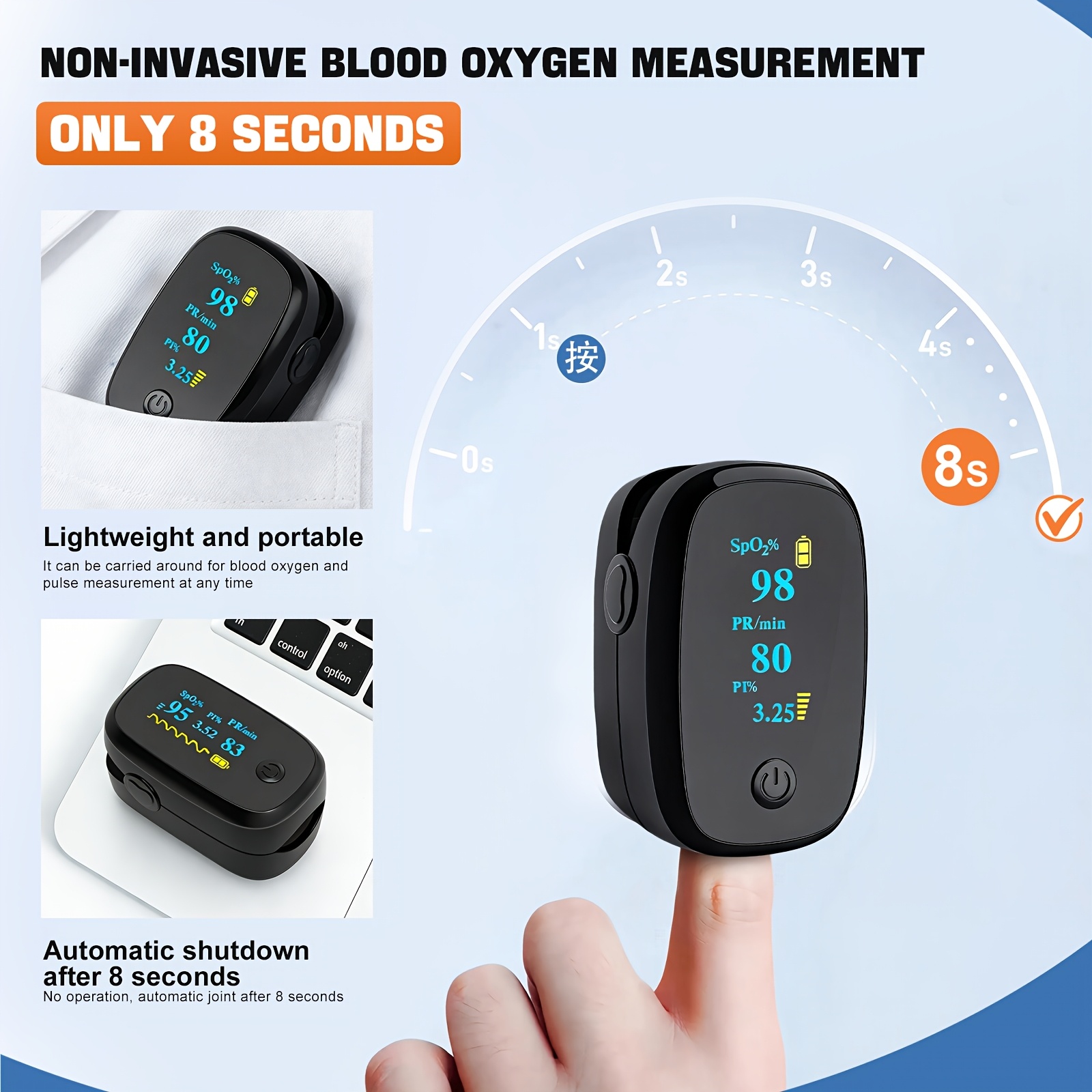 Advanced Fingertip Pulse Oximeter, Blood Oxygen Saturation And Heart Rate Monitor, Large Color OLED Display, Measures Pulse Rate, Blood Oxygen Saturation SpO2, Suitable For Home Care And Sports Scenarios, Battery Included