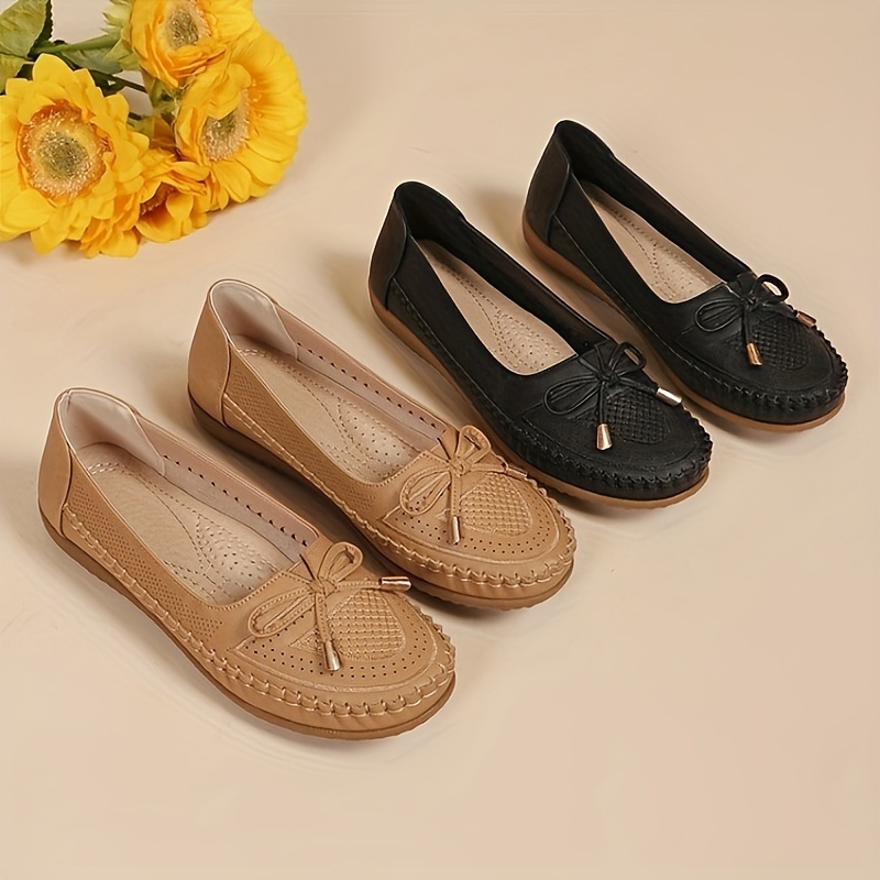 

Women's Bow Flat Shoes, Solid Color Round Toe Soft Sole Shoes, Comfy Breathable Slip On Flats