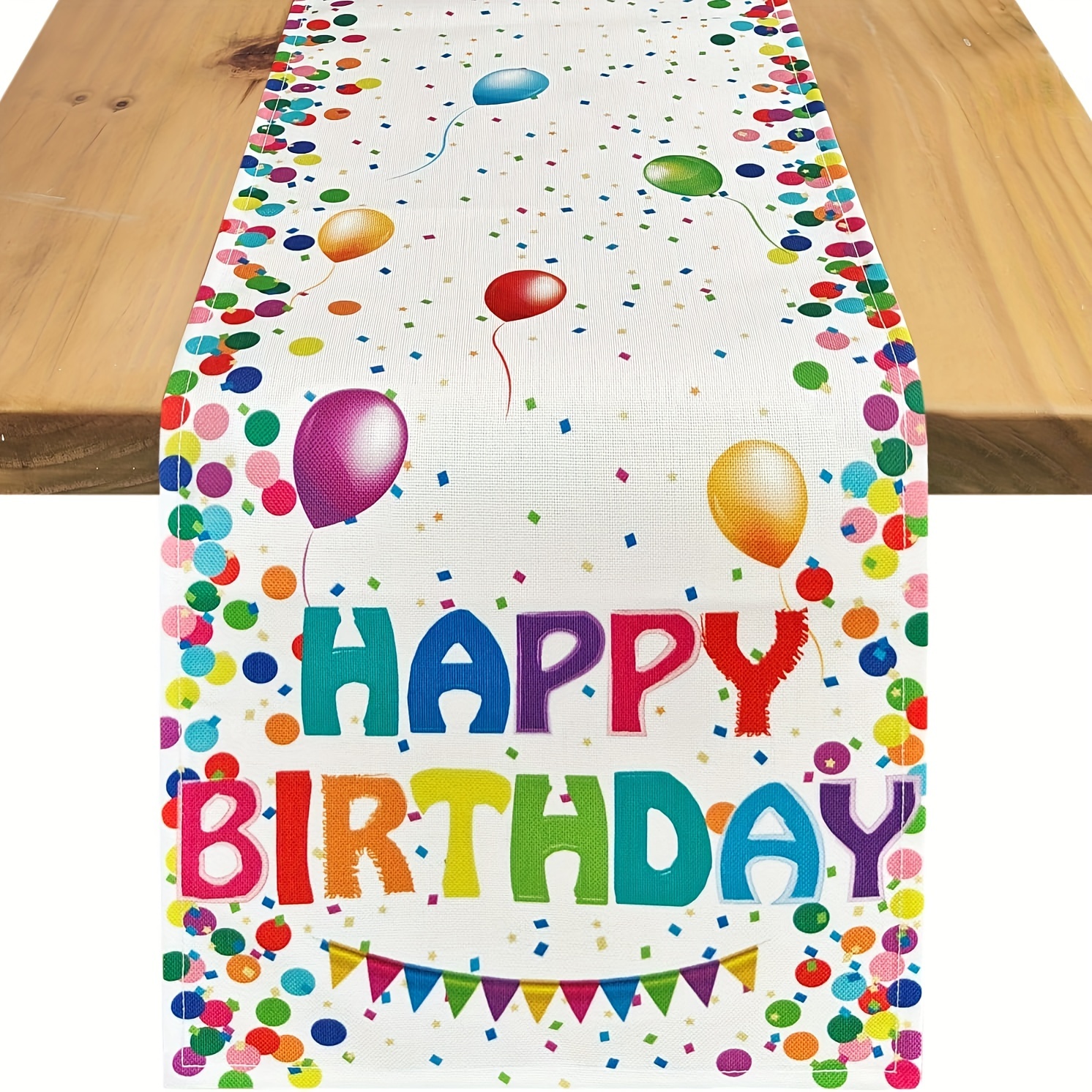 

Linen Birthday Party Table Runner - Rectangular Woven Table Decoration With Colorful Balloons And For Celebratory Occasions, 100% Linen - 1pc (available In Multiple Sizes)