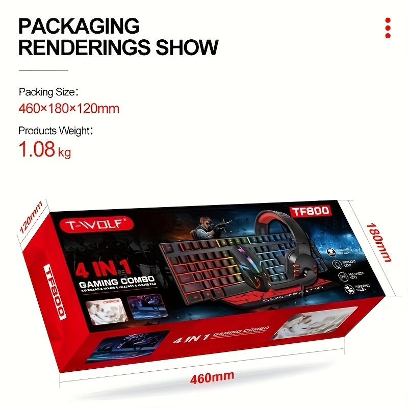 T-WOLF TF800 Four-piece Gaming Combo 104 Keys Keyboard 4-color Breathing Light Mouse 3.5mm Gaming Headset Anti-slip Mouse Pad