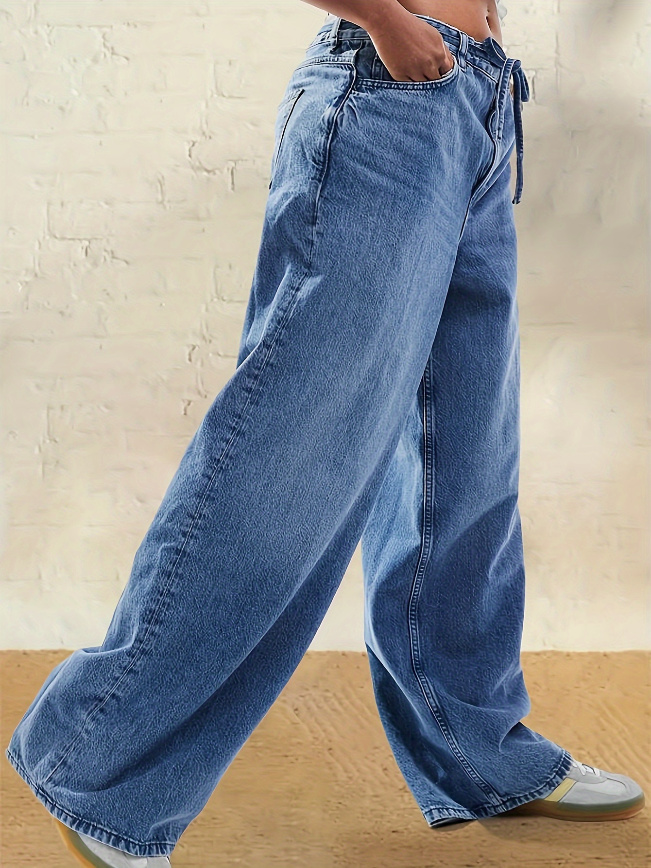 plus size wide leg denim jeans drawstring - Temu Canada