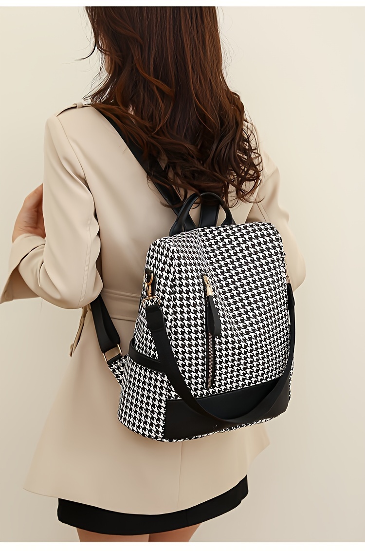 Bandolera de cuadros Houndstooth, mochila con cremallera para mujer, bolso grande casual de gran capacidad ideal para trabajo, estudio y compras
