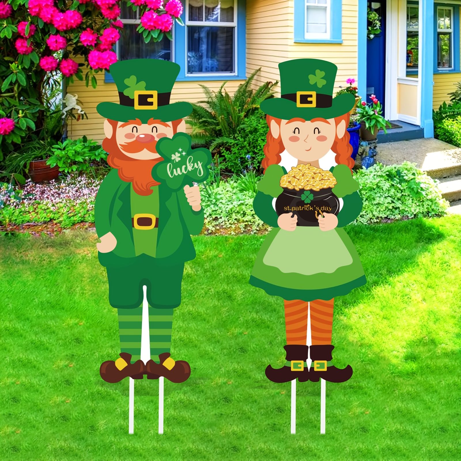 

2pcs 's Outdoor Yard Sign Boys And Girls Clover Happy St. Pat', Road, Yard Holiday Party Decorations Plastic Yard Insert Sign