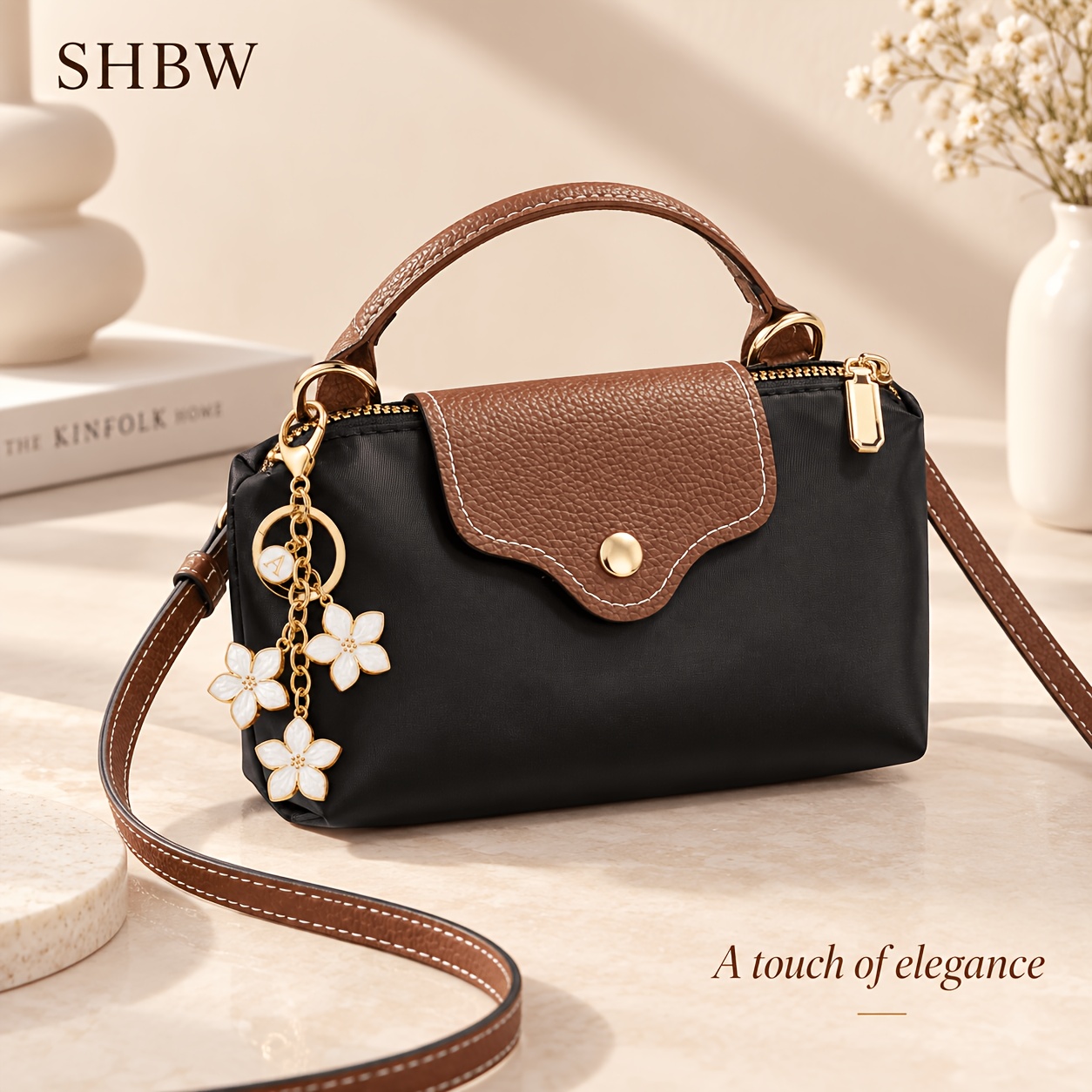 TEMU Sac bandoulière SHBW pour femme, sac à main d'épaule noir de avec breloque , texturé marron, fermeture éclair dorée et sangle réglable pour les