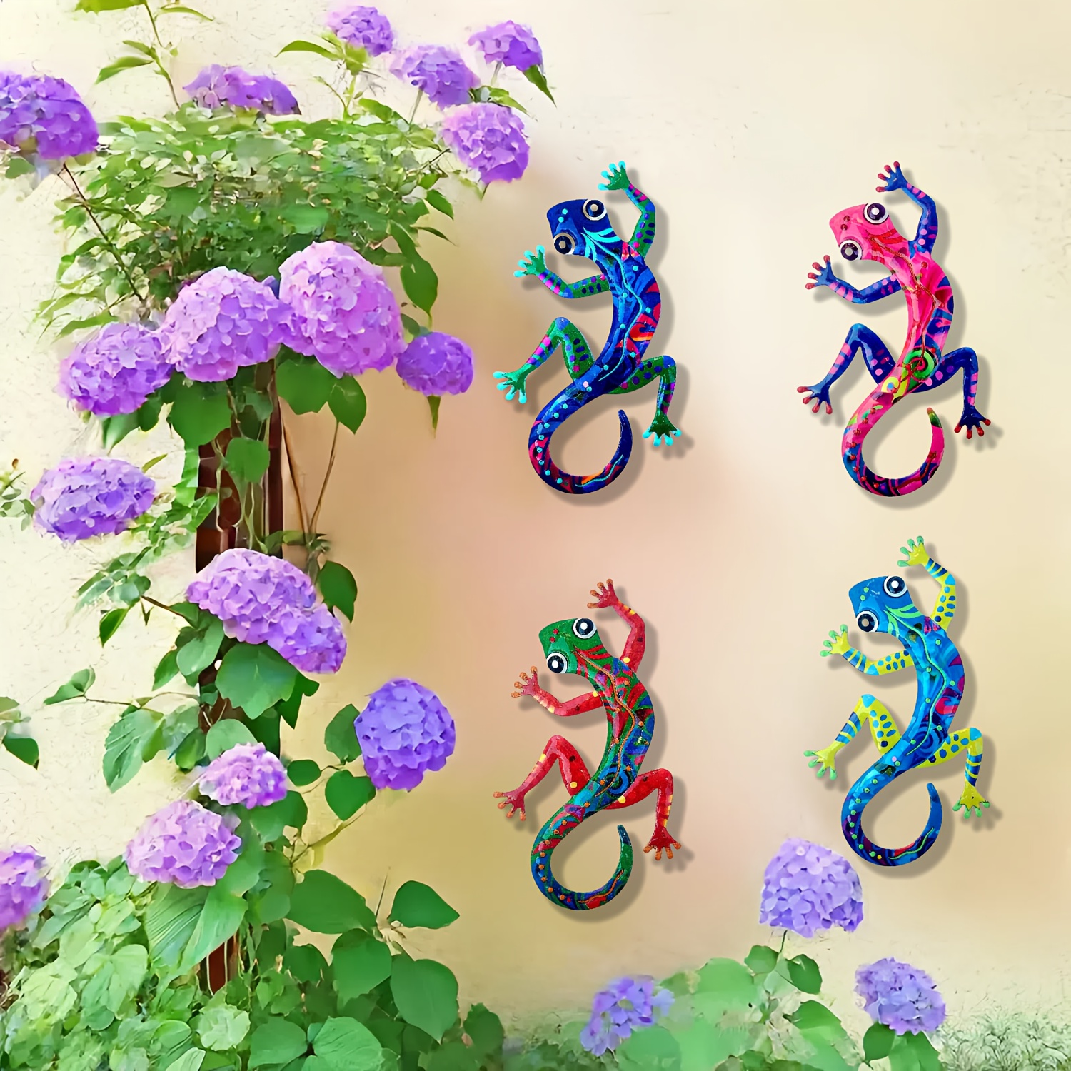 Image of Set Of 4 Metal Geckos For Wall Mounting (11.8 Inches), Vibrant Metal Geckos Perfect For Decorating Your Home, Garden, Parties, Holidays, Office, Porch, Weddings, Cafes, And Christmas