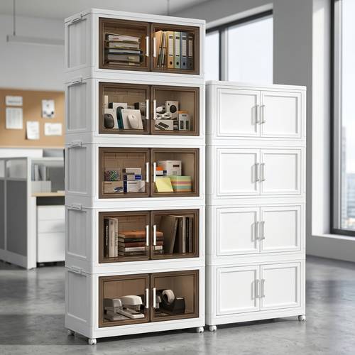 34 7in extra large foldable office storage cabinet with clear solid door panels 3 4 5 tier stackable plastic organizer with lids in 29 5 26 25 6in ideal for offices living rooms