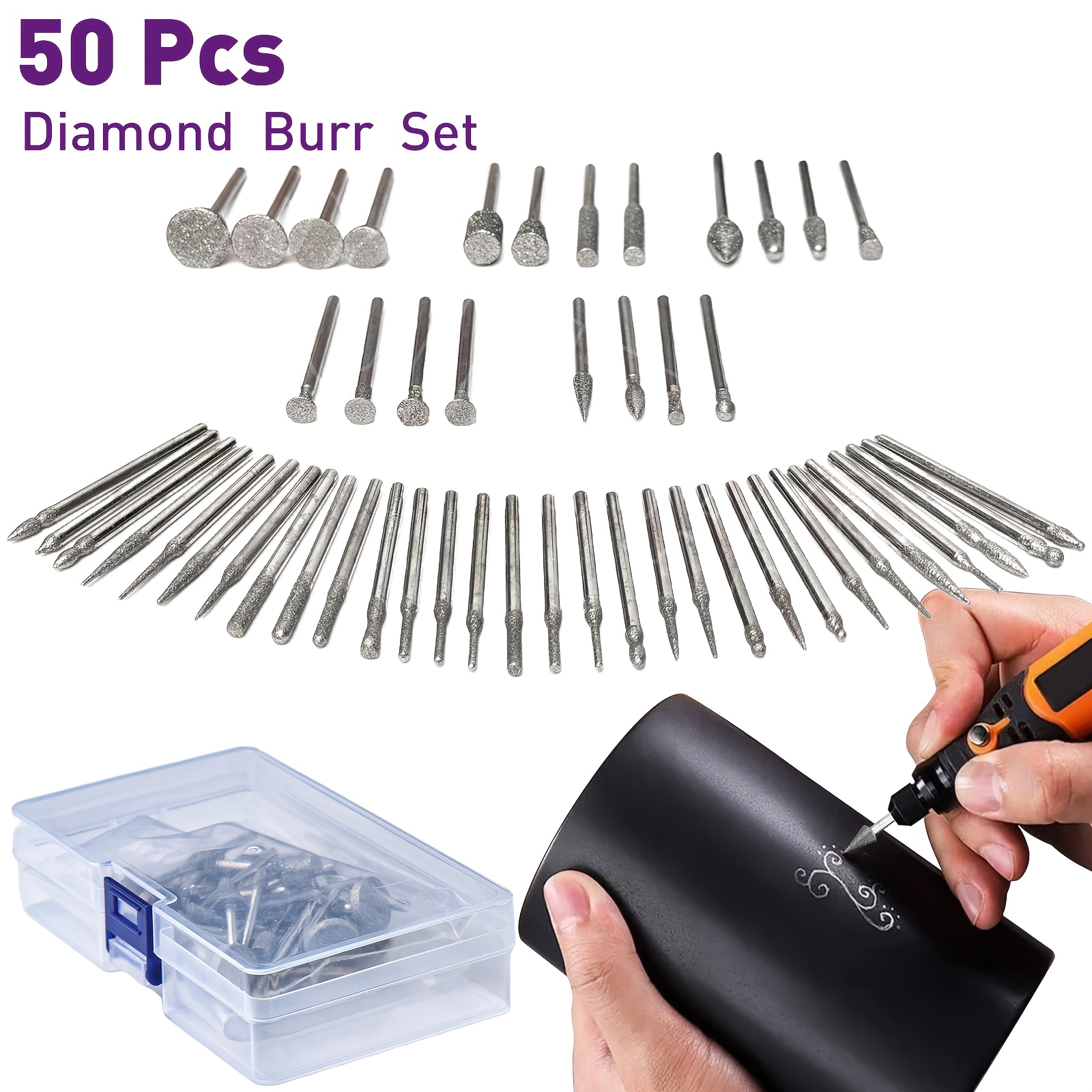 Image of 50pcs Diamond Burr Set | Coated Grinding Stone Carving Bits, 1/8 Inch (3mm) Diamond Drill Bits Compatible With Rotary Tools For Jewelry, Glass, Gems, Ceramic Stones Polishing