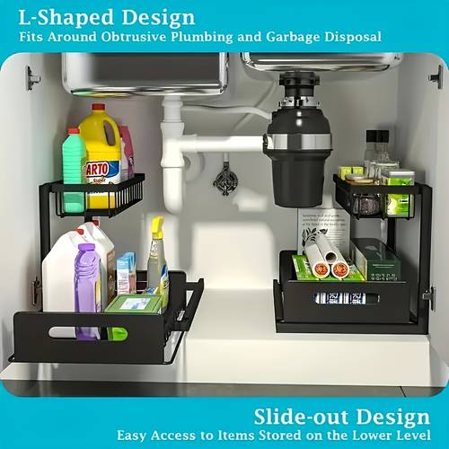 item picture double layer slide rail storage punching free telescopic sink shelf kitchen bathroom universal storage free combination of single and double layers seasoning washing cleaning supplies white and black