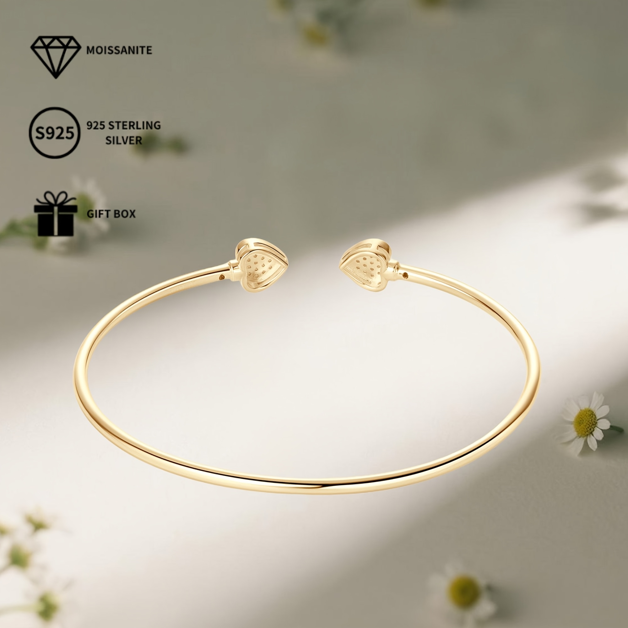 S925 Silver Heart Bracelet w/ Moissanite Stones, Adjustable Bangle