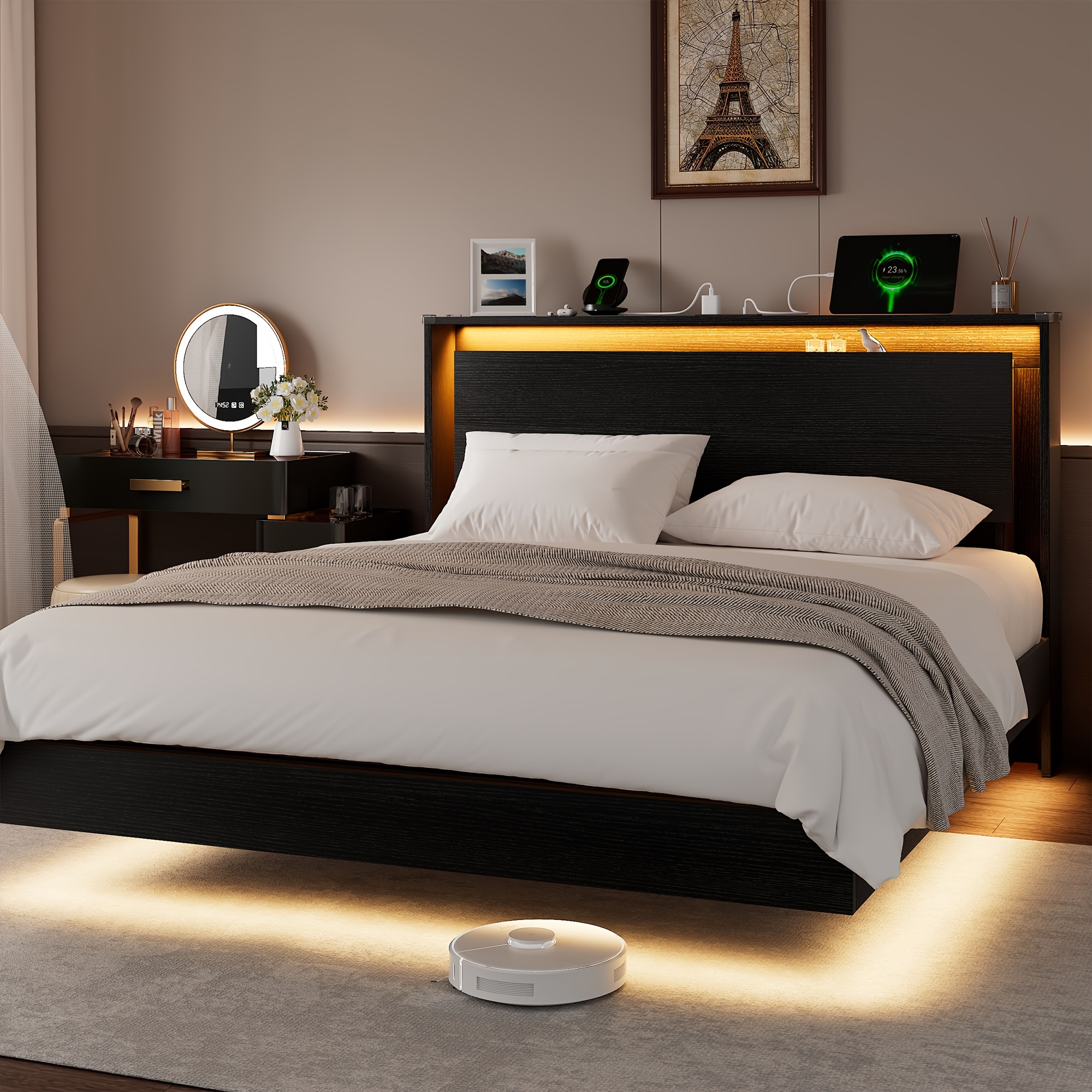 Floating Bed Frame with LED Lights & Charging Station | HALENCE