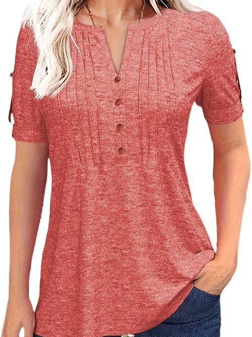 womens summer pleated button short sleeve t shirt summer v neck solid color casual top
