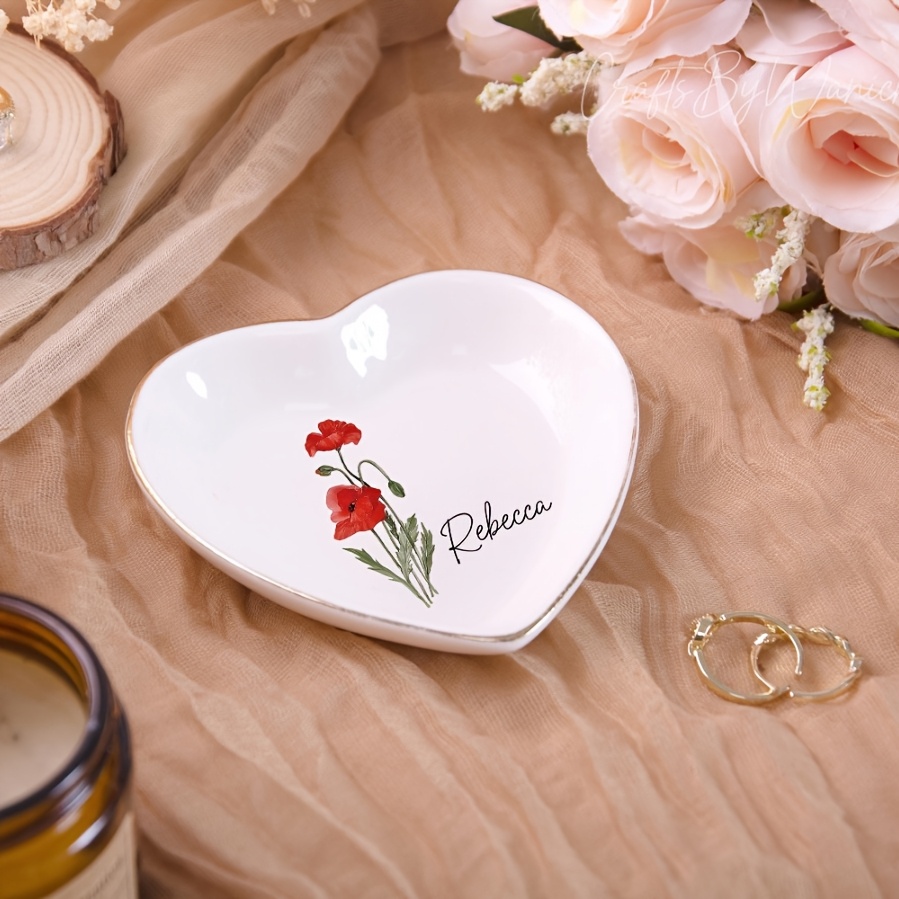 TEMU Plateau à bijoux personnalisé avec fleur de , plateau à anneau de fleur aquarelle sur mesure, plateau à bijoux d'anniversaire, cadeau de mariée
