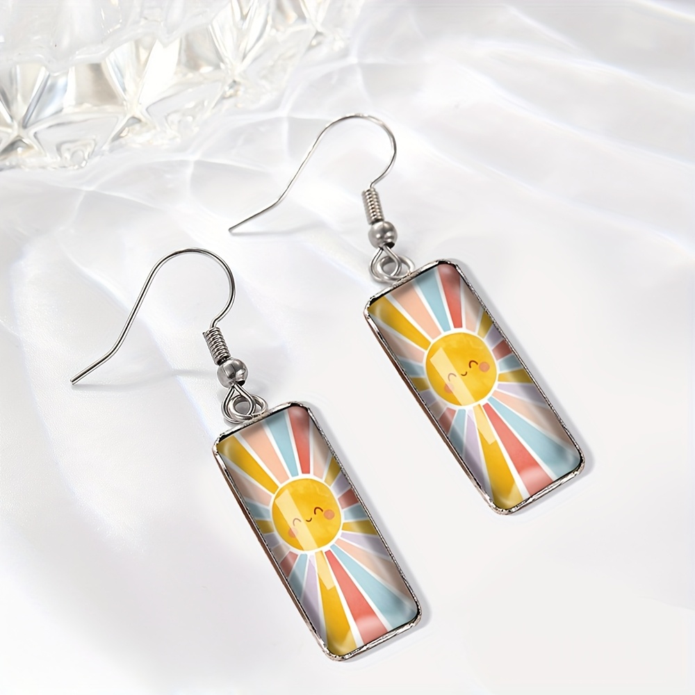 Smiling Sun Rectangular Earring, Irregular Glass Dome Gift