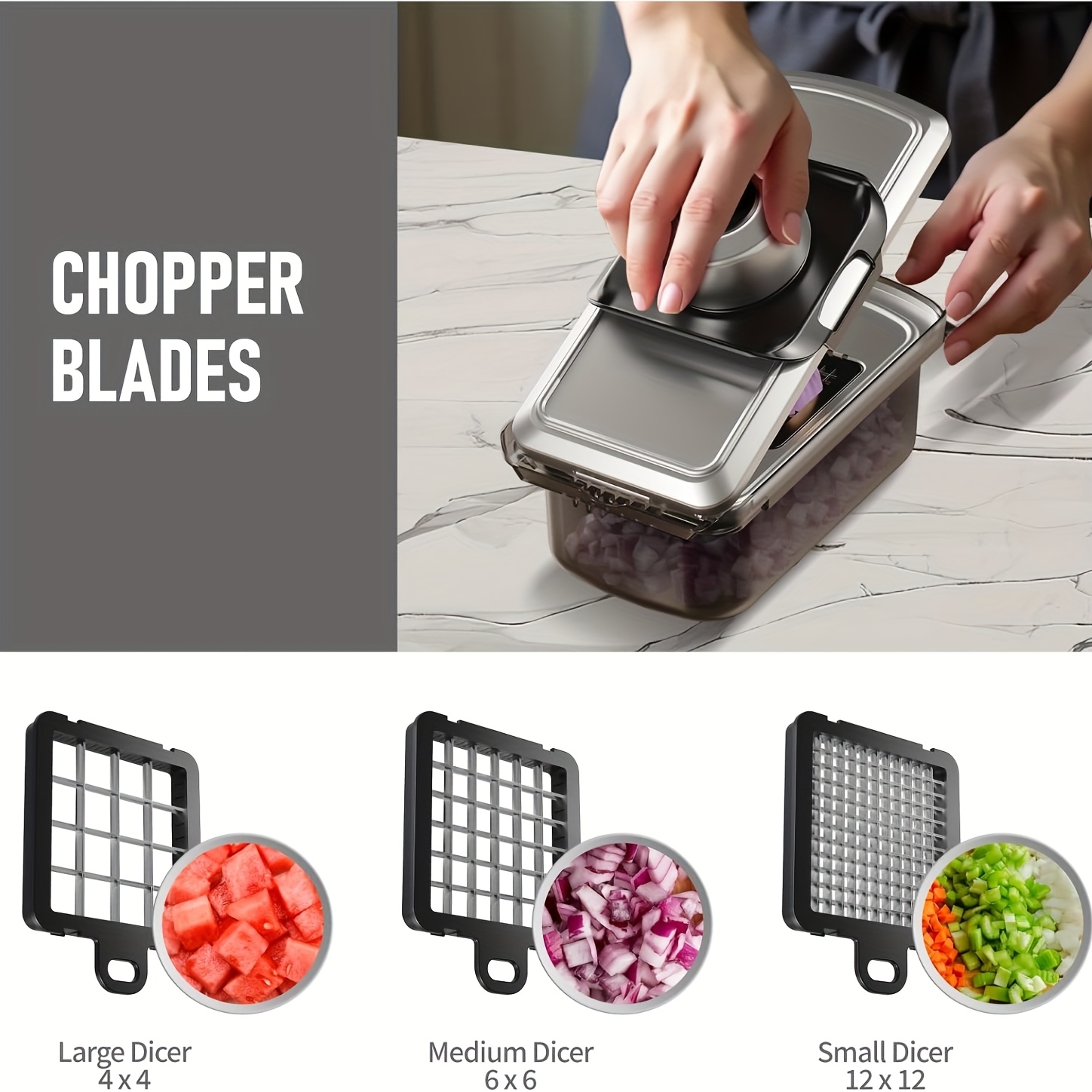 12 in 1 stainless steel mandoline food slicer vegetable chopper with container manual kitchen gadget for onions fruits salads cheese grating ergonomic handle   vegetable slicer salad preparation modern kitchenware durable kitchen tool Product details 2