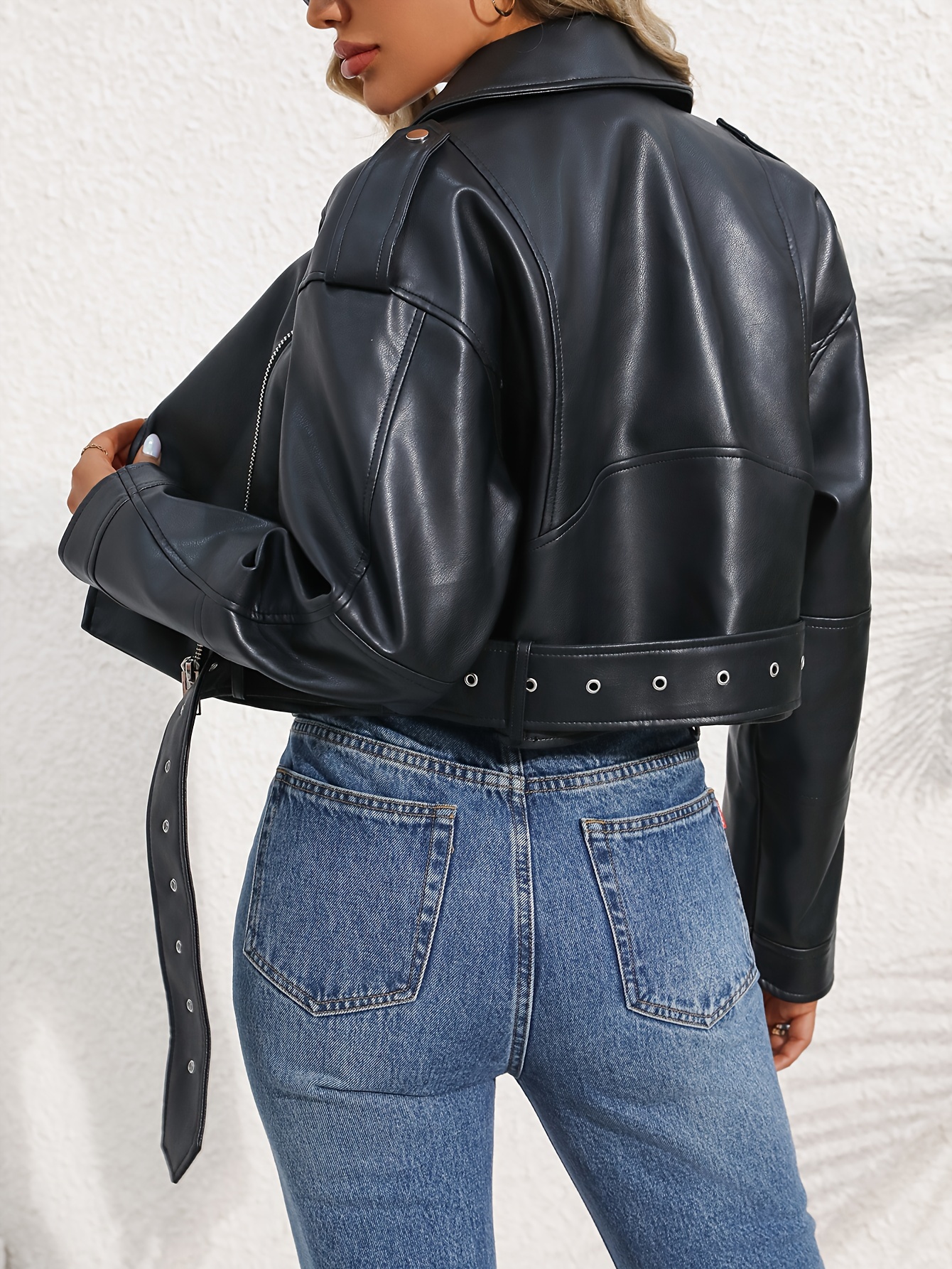 women leather cropped jacket lapel zipper biker short - Temu