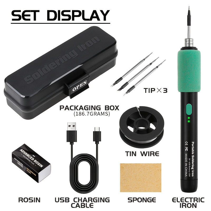 mini soldering iron set 5v adjustable temperature, usb rechargeable portable soldering tool, suitable for home appliance repair, jewelry making, diy projects -   soldering iron, three soldering iron tips, rosin, stand, storage box, tin soldering iron, soldering and  , soldering iron kit, tin soldering wire, soldering and repair station, electric soldering iron, soldering station Product details 9