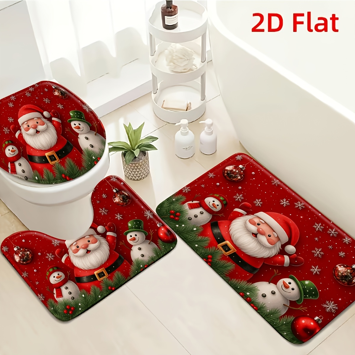 TEMU 2d Flat Santa Claus Snowman Flannel Non-slip Toilet Mat 3pcs Set, Holiday Decor For Bathroom Entrance And Living Room, Gift