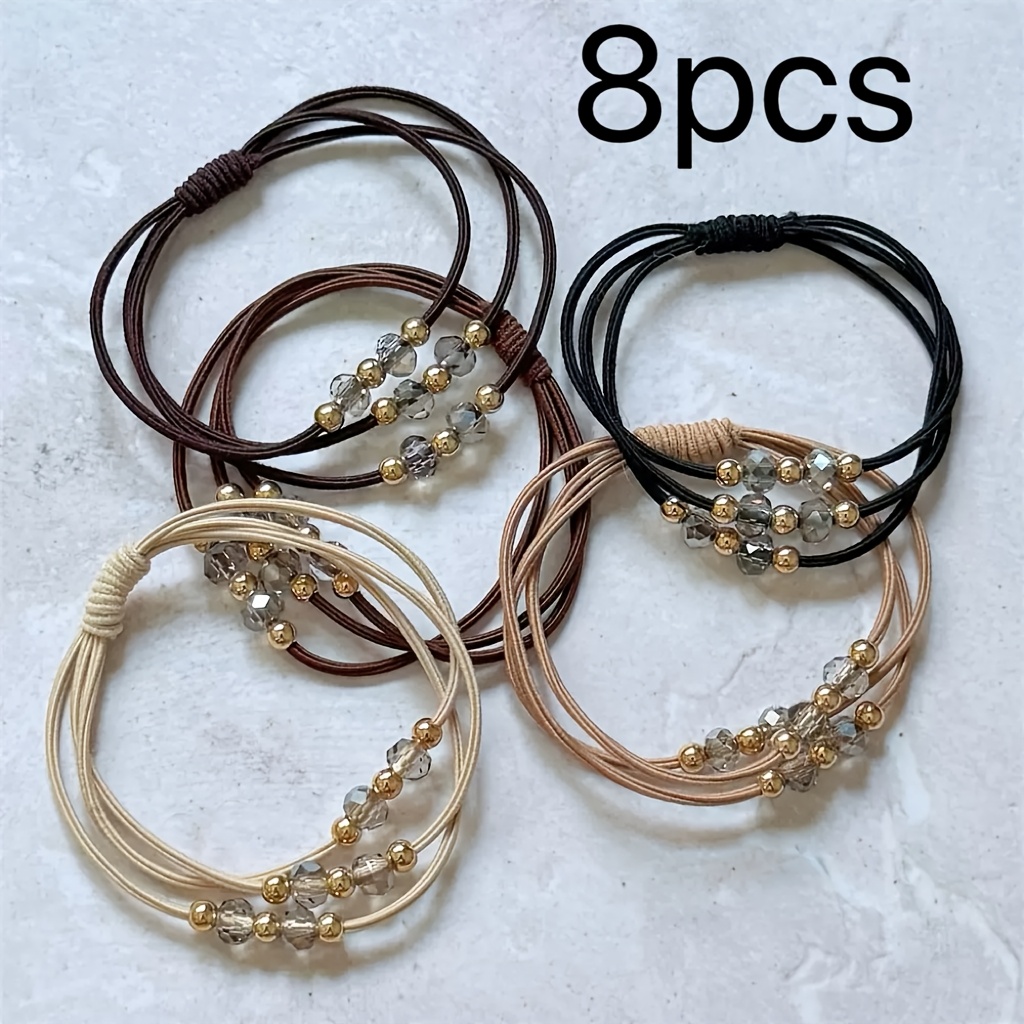 TEMU 8/12pcs Light Luxury Temperament Leather Pullover Rope Women's High Elasticity Durable Hair Tie Ponytail Holder Rubber Band Easy Rhinestone Hair