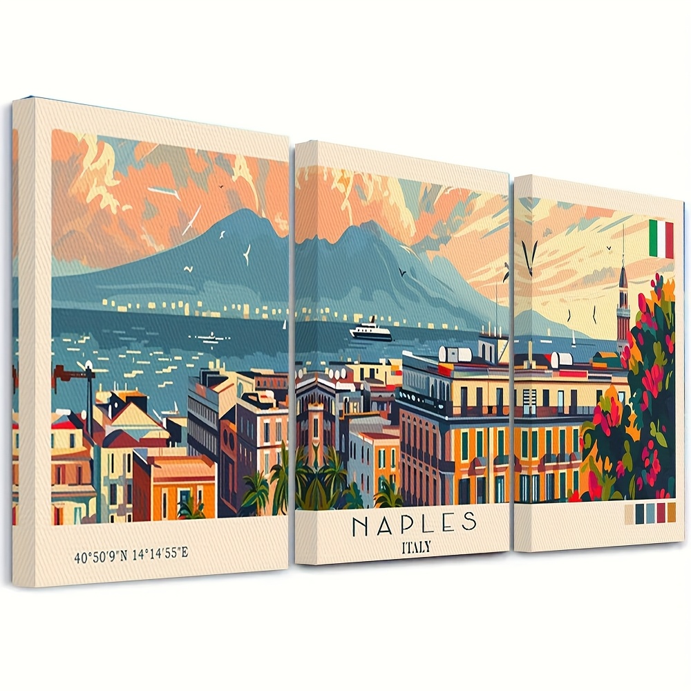 TEMU 3 pezzi di pannelli artistici da viaggio per Napoli, Italia, con cornice - Scorcio della citt� europea, 39,88x59,94 cm, cornice in legno, per la