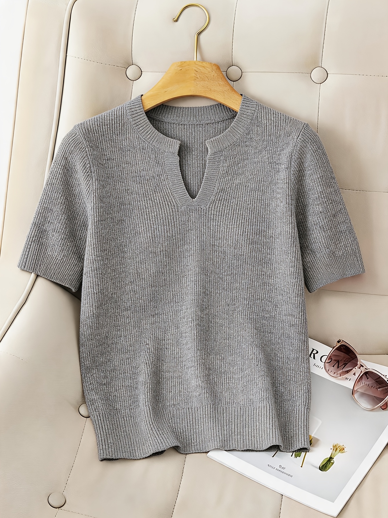 Women's Spring/Summer New Arrival Ribbed Slim-Fit Short Sleeve Crew Neck Pullover Sweater