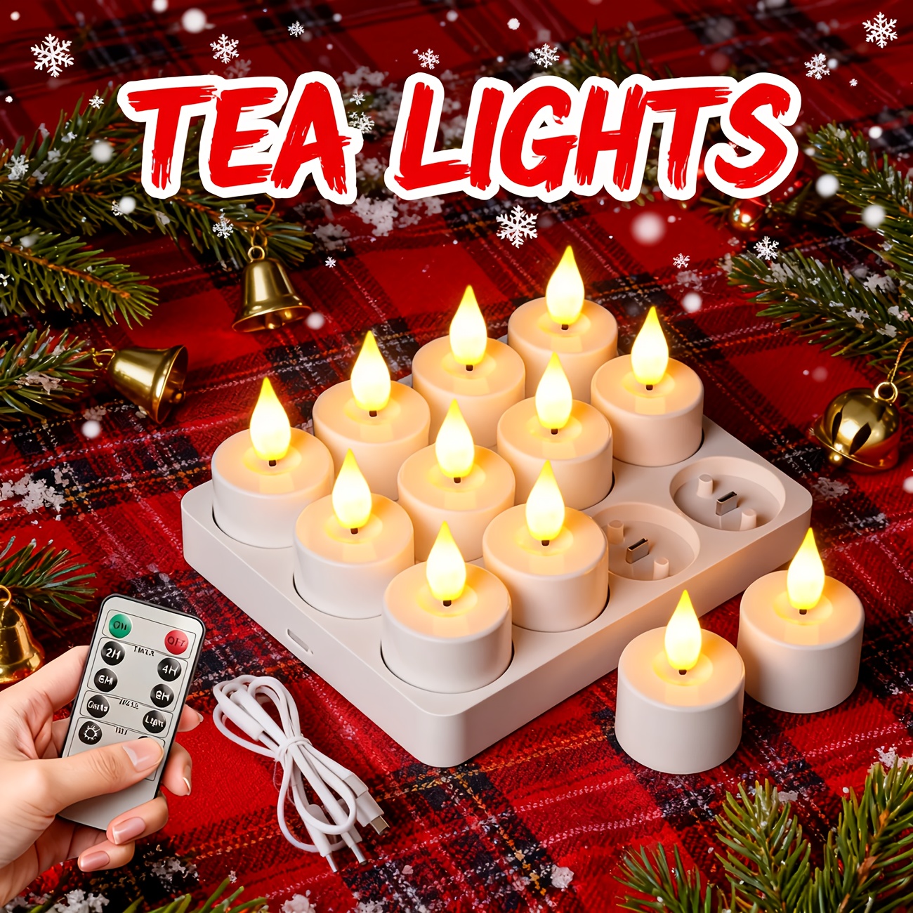TEMU Rechargeable Flameless Candles With Timer Remote, 12pcs Realistic Flickering Led Tea Lights With Adjustable Brightness, Electric Fake Candle For