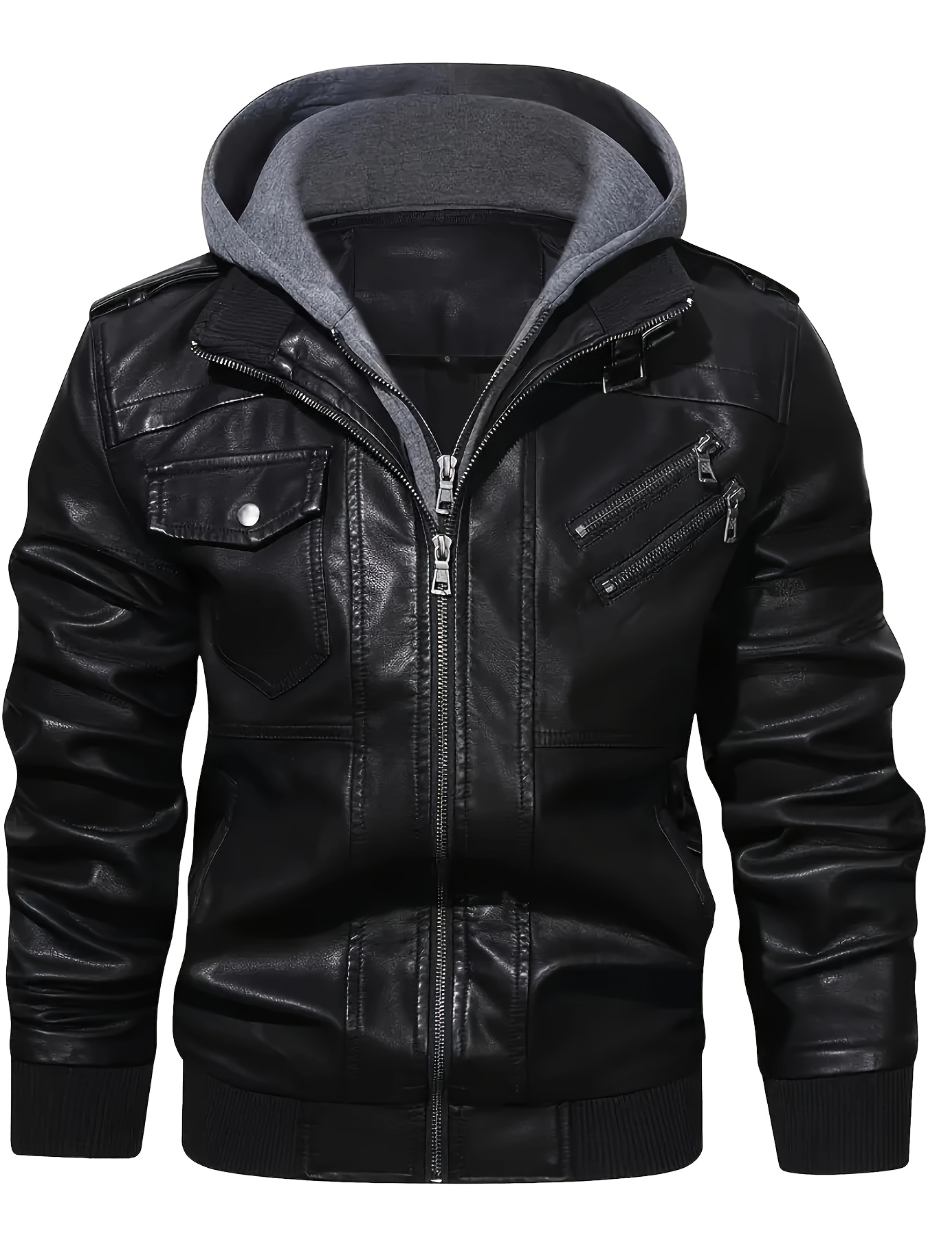 herren casual lederjacke kapuze schwarz reißverschluss Temu Germany