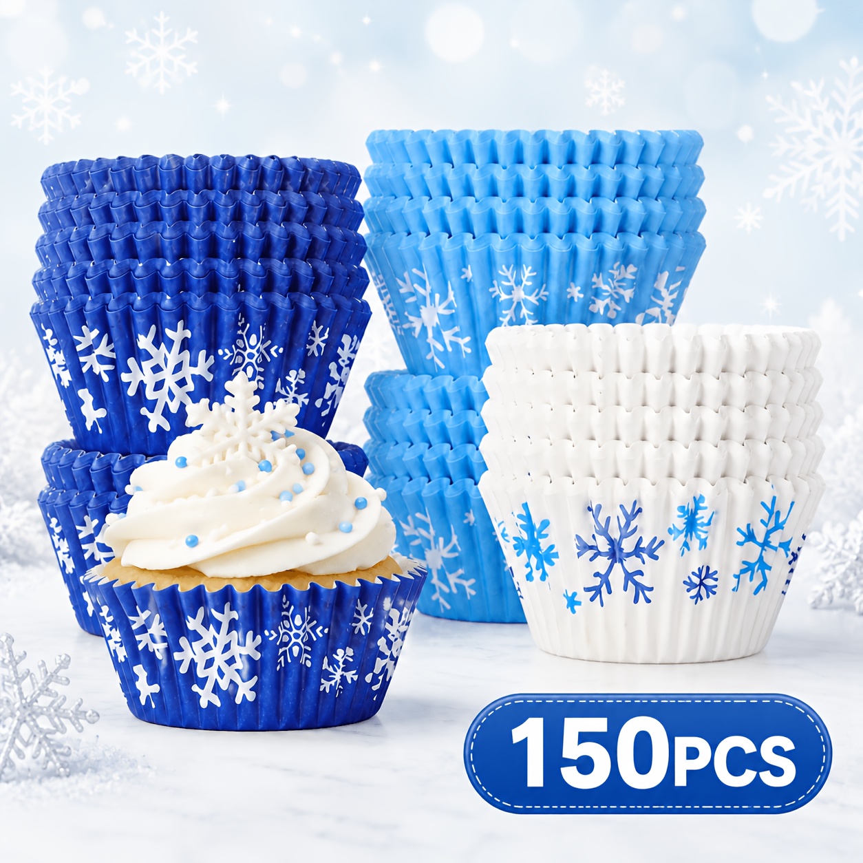 TEMU 150pcs Blue And Pattern Printed Muffin Cups, Suitable For Christmas Parties, Winter Birthday Dessert Plating, Holiday Baking Cupcake Trays,