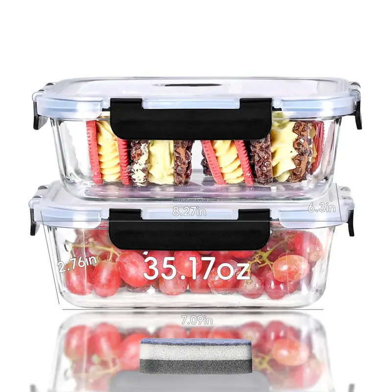 4 piece glass container set 1520ml 51 4oz 6 4cup microwave safe bpa free reusable food containers with secure latches Product details 4