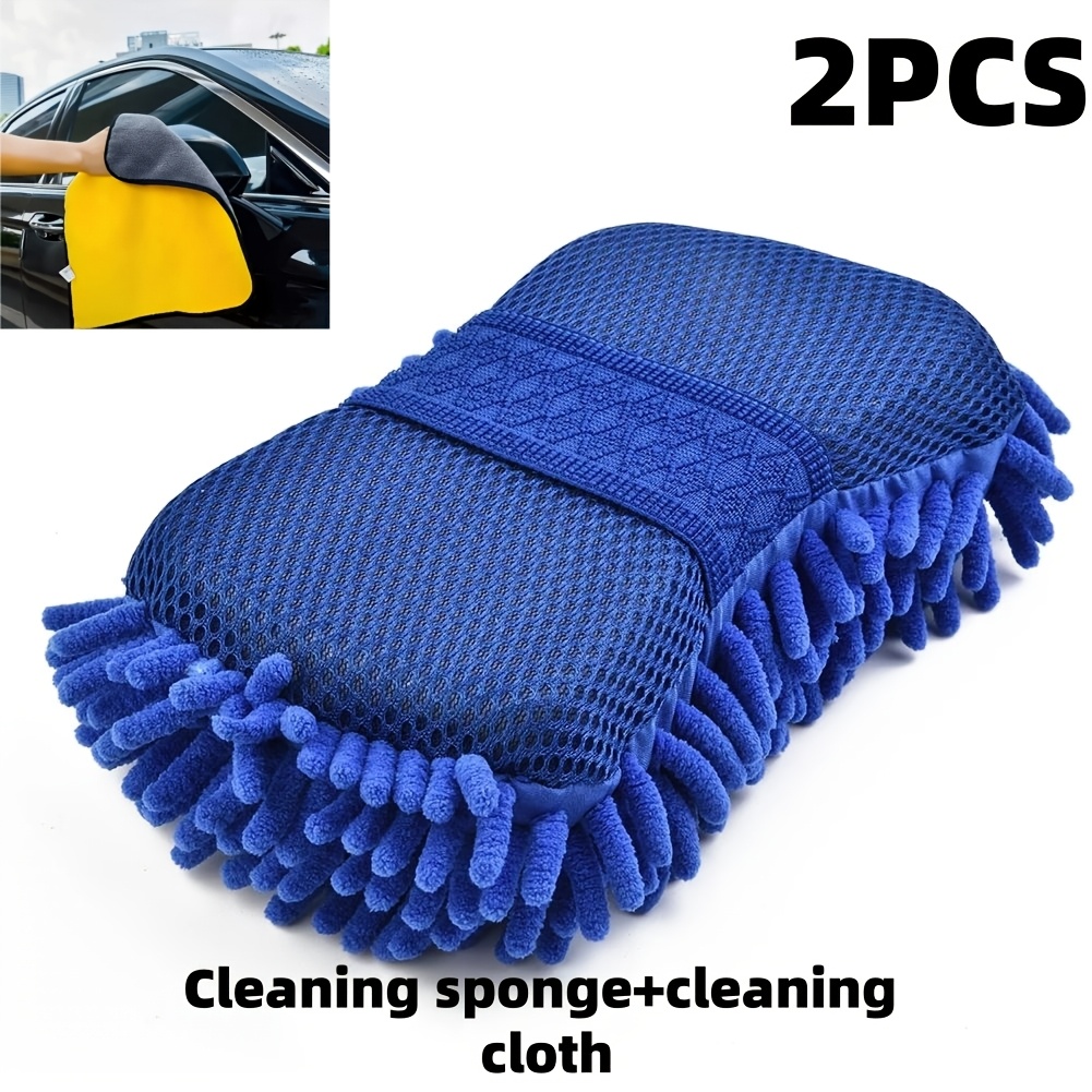 Image of 2pcs Set (cleaning Sponge And Cleaning Cloth) Fiber Plush Car Cleaning Sponge Care Car Wash Brush Pad Cleaning Tool, Polyester Fiber, Automatic Car Wash Towel Glove Shaped Accessory, Without Battery